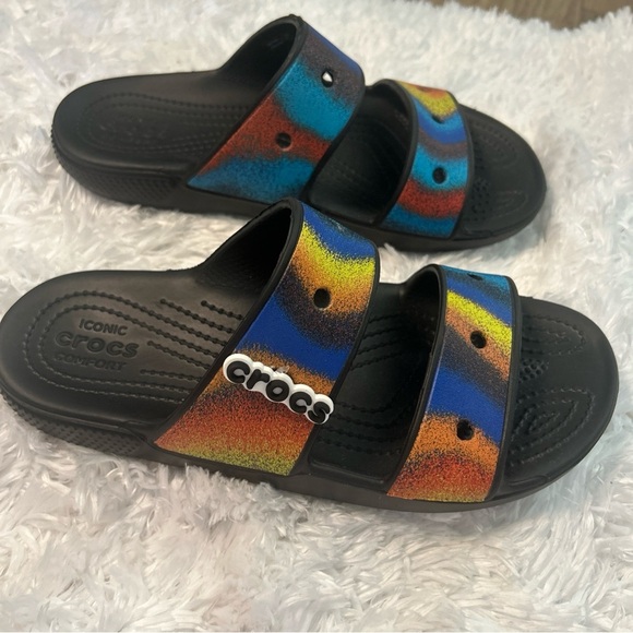 CROCS Black and Blue Sandals Sporty Summer Slides - Picture 3 of 6